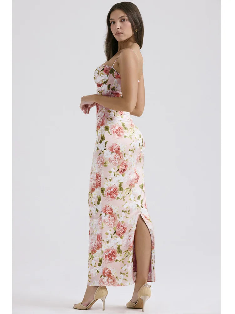 Spaghetti Strap Backless Zipper Printed Dress Women Slim Fit Satin Split Sleeveless Vestidos Elegant Party Evening Dress - Image 6