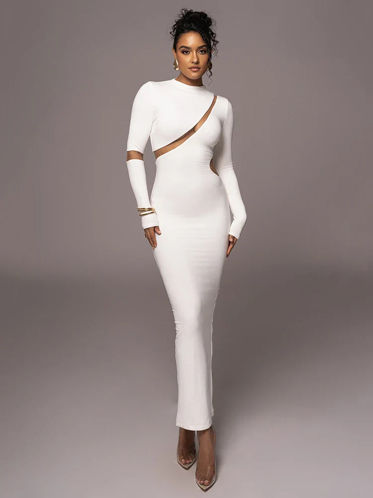 Turtleneck Long Sleeve Bodycon Maxi Dress For Women Autumn Patchwork Hollow Out Club Party Sexy Long Dress Vestidos