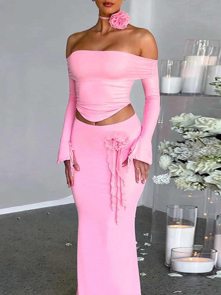 Elegant Halter 3D Flower Two Piece Sets Women Fashion Off-shoulder Tops And Maxi Skirt Matching Sets Bodycon Sexy Dress - Image 3
