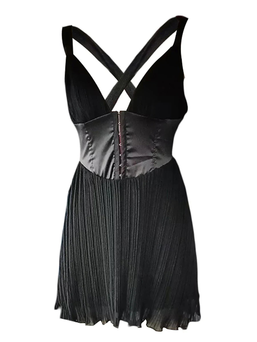 Women Sling Dress Sleeveless V-neck Backless Pleated Patchwork Summer Mini Dress for Club Party sexy girls tight clothes - Image 6