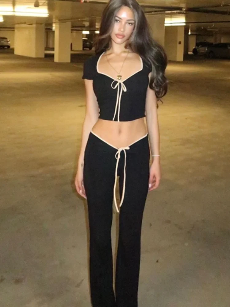 V-neck Crop Tops+Tie-up Pants 2 Piece Sets Womens Outfits Summer Fitness Casual Flared Pant