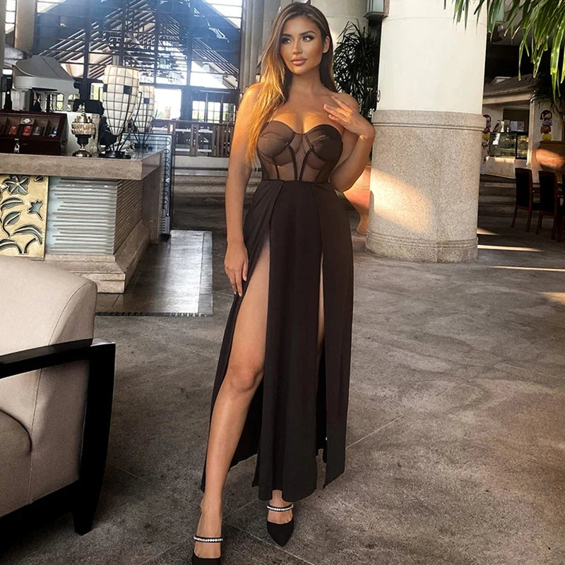 Sexy Black Mesh Patchwork Strapless Corset Maxi DressesWomen Summer Sleeveless Bodycon Split See Through Party Club Dress - Image 3