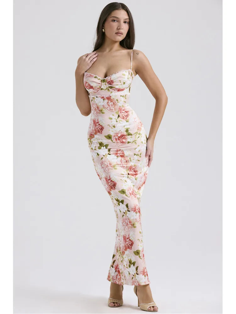 Spaghetti Strap Backless Zipper Printed Dress Women Slim Fit Satin Split Sleeveless Vestidos Elegant Party Evening Dress - Image 4