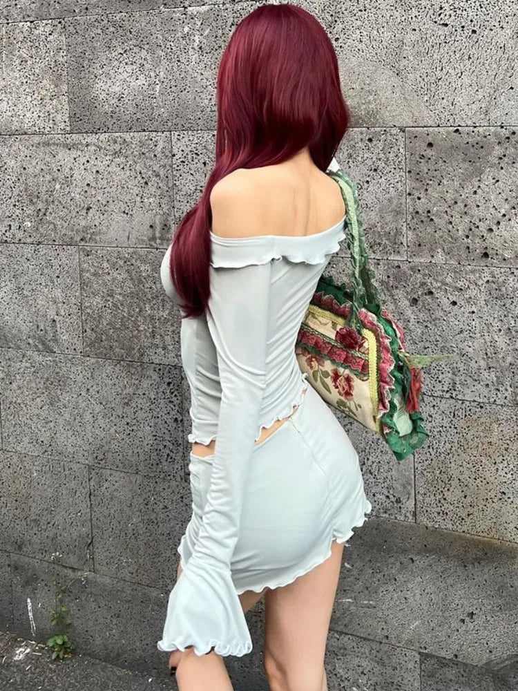 Sexy One Shoulder Long Sleeved Top Ultra Short Skirt Two-piece Set For Women Flared Sleeves Bow Bodycon Ruffle Edge Set - Image 6
