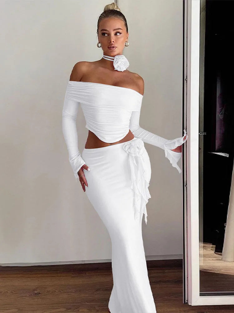 Flower Bodycon Skirt Sets Women Slim Sexy Backless Lace Up Tops Women's Party Elegant Dress 2 Piece Womens Suits Outfits - Image 4