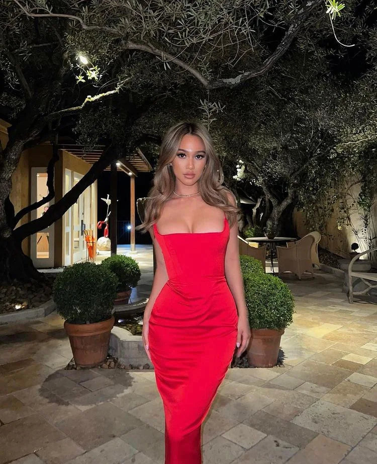 Bodycon Midi Dress Elegant Satin Sexy Dress Red Night Prom Party Dresses - Image 3