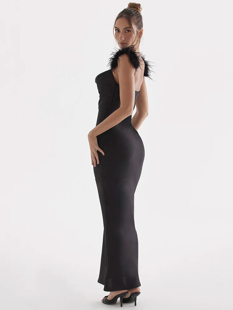 Feather Spaghetti Strap Sexy Maxi Dress Women Summer Black Sleeveless Backless Bodycon Party Long Dress Vestidos - Image 5