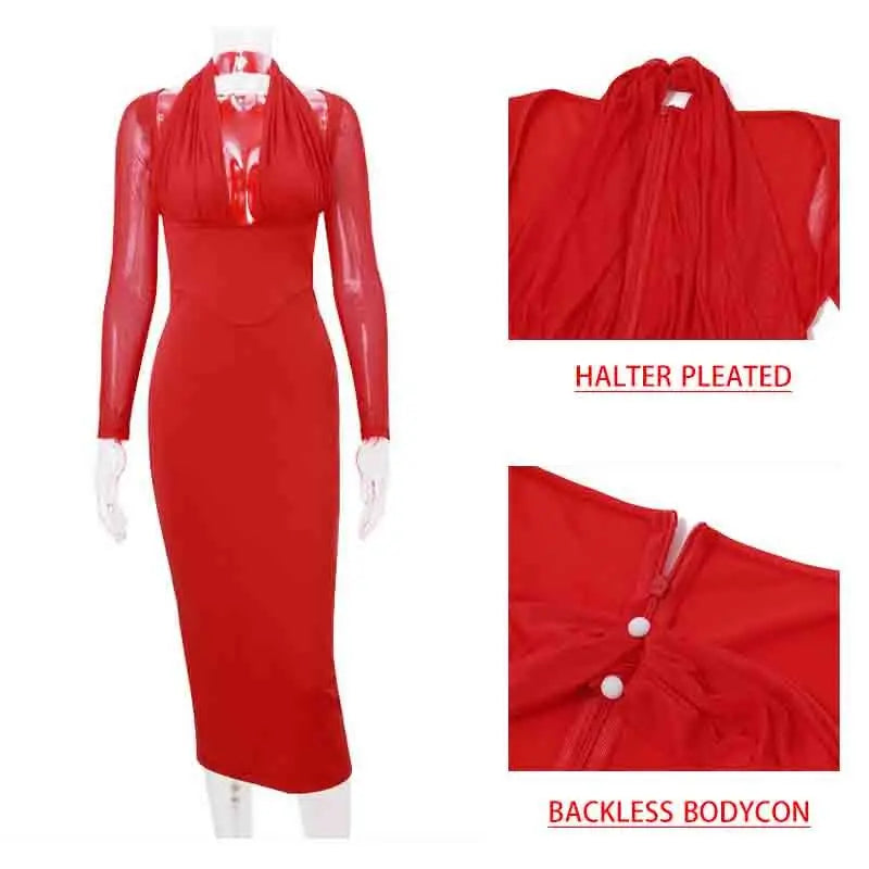 High Stretch Halter Pleated Sexy Dress Women Robes Elegant Evening Party Dress Bodycon Spring Maxi Long Dress Vestidos - Image 5