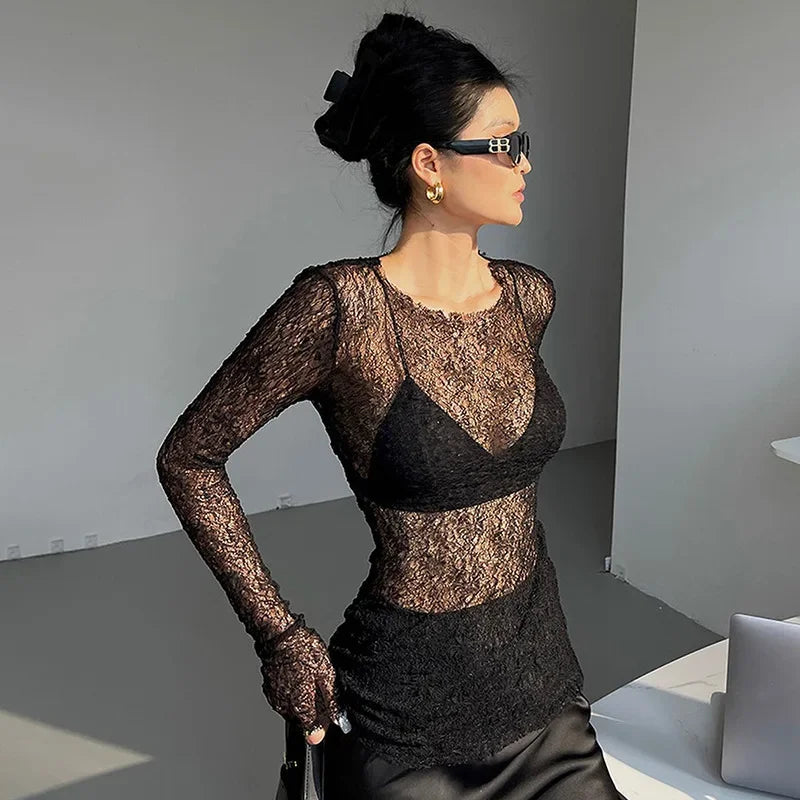 Sheer Lace Shirts For Women Black Sexy See Through Long Sleeve Slim Clothes Femme Club Retro Bodycon Shirt Ladies 2024 - Image 3