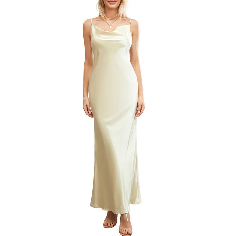 Women Long Bodycon Dress Evening Party Summer Clothes Solid Color Spaghetti Strap Cowl Neck Sleeveless Backless Dress - Image 13