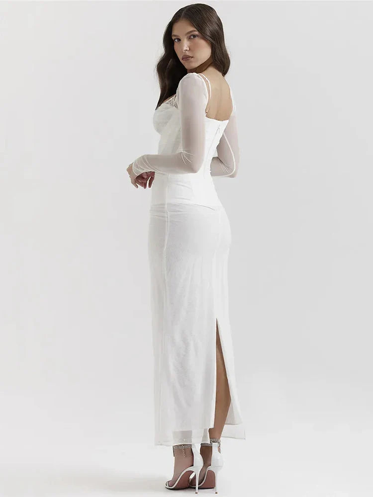 Elegant Sheer Long Sleeve Sexy Maxi Dress For Women Fashion Mesh Strapless Backless Club Party Sexy Long Dress New - Image 7