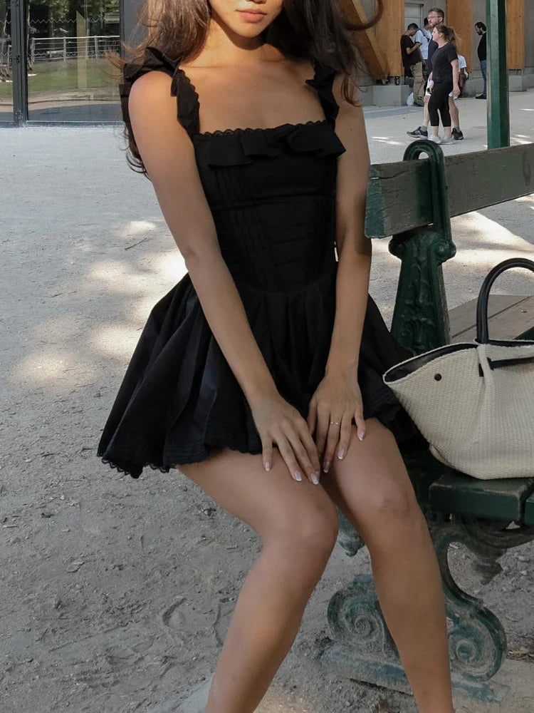 Black Square Neck Pleated Dress Mini Lovely Casual A Line Birthday Party Dresses Sexy Women Clothes - Image 6