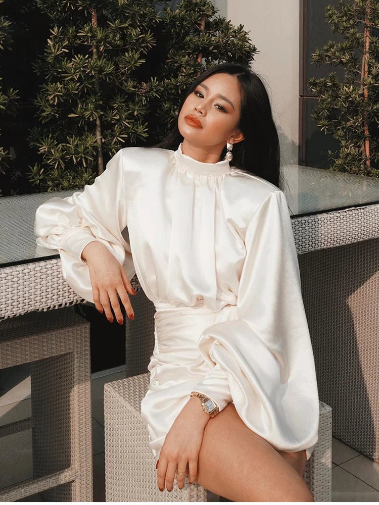 Ruched Satin Dress Women White Latern Sleeves Sexy Party Dress Autumn Night Club Mini Dresses Vestdios - Image 6