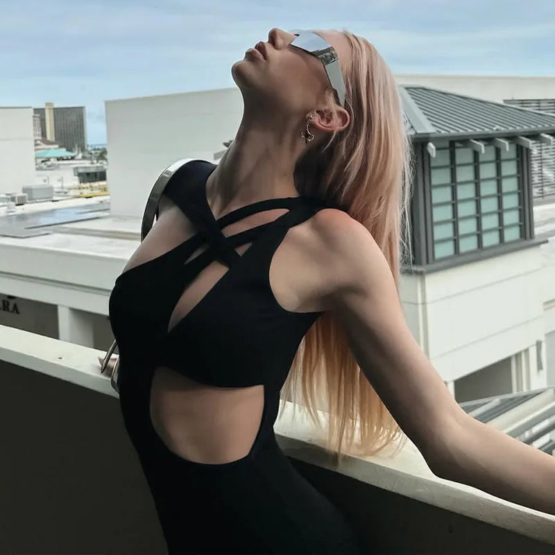 Sexy Hollow Out Jumpsuit Women Slim Black - Image 5