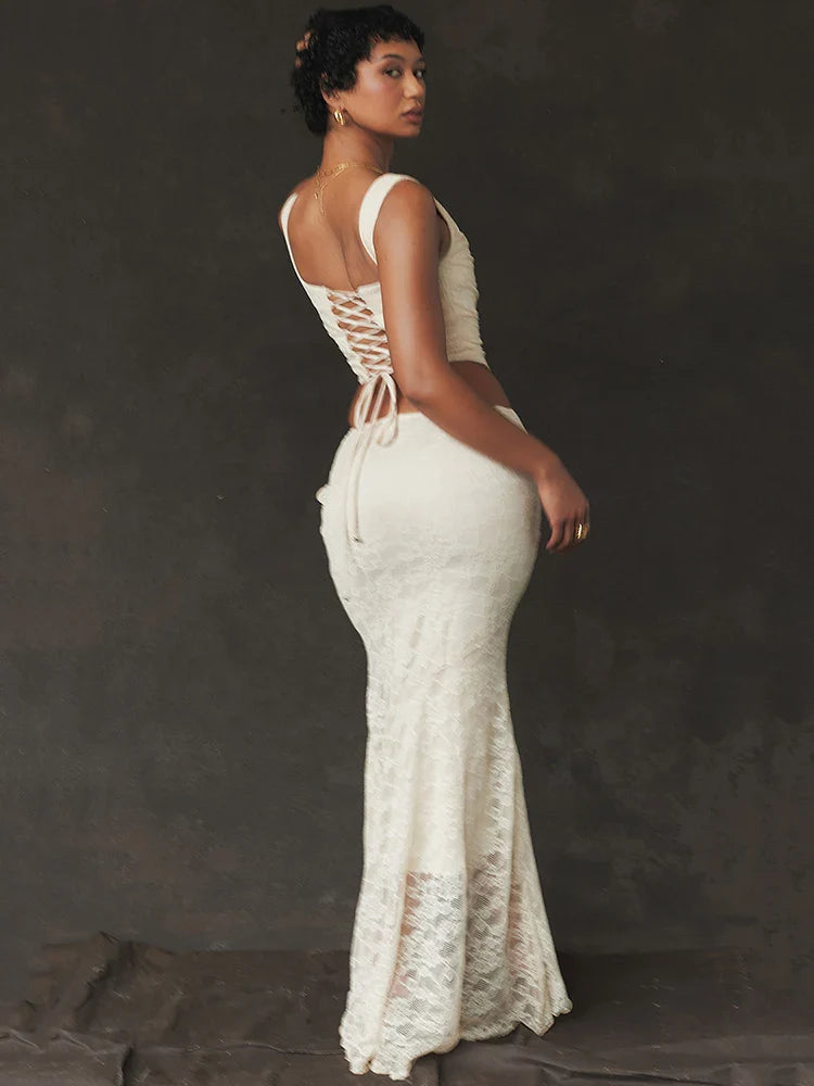 Lace Sexy Two Piece Skirt Set Women Sleeveless Crop Tops And Skirt Femme Elegant Party Two Piece Sets Fashion - Image 3