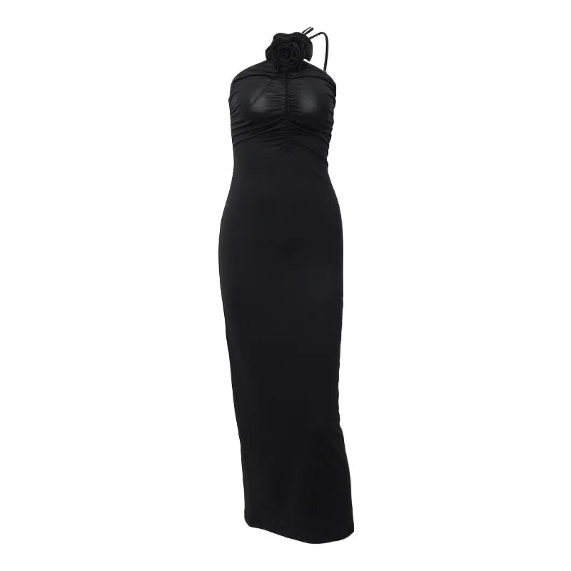 Flower Bodycon Maxi Dresses For Women Folds Slim Black Sundress Women's Sexy Backless Party Temperament Dresses Woman - Image 2