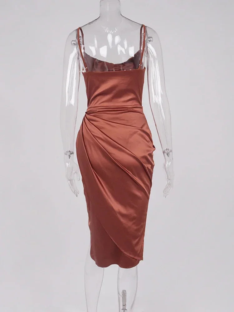 Midi Satin Dress Split Adjustable Strap Ruched Cowl Neck Asymmetrical Zipper Party Dress Elegant Sexy Woman Dresses - Image 6