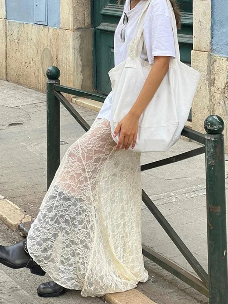Lace Mesh Splice Long Skirts For Women See Through Sexy High Waist Maxi Skirt Femme Club Hollow Out Skirts Ladies - Image 4