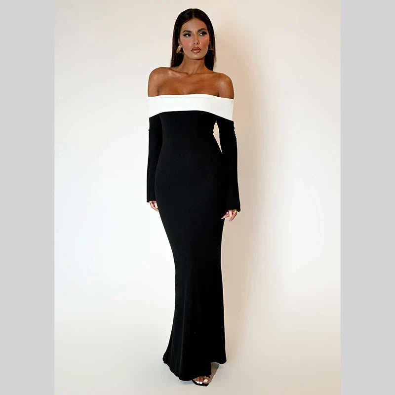 Autumn Sexy Club Slash Neck Backless Patchwork Bodycone Women Elegant Long Sleeve High Waist Midi Bodycon Party DressesYY23486PF
