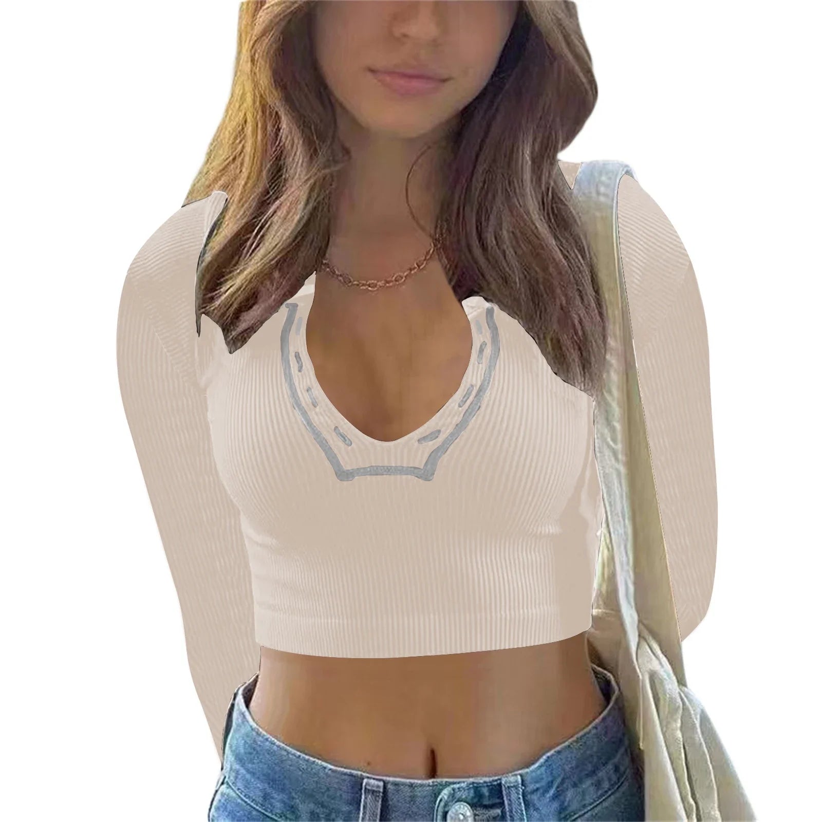 Women Low Cut Long Sleeve Knit Short T-shirts Tops Cutout Sexy Deep V Neck Retro Tees Patchwork Ribbed Slim Fitted Navel Shirt - Image 2