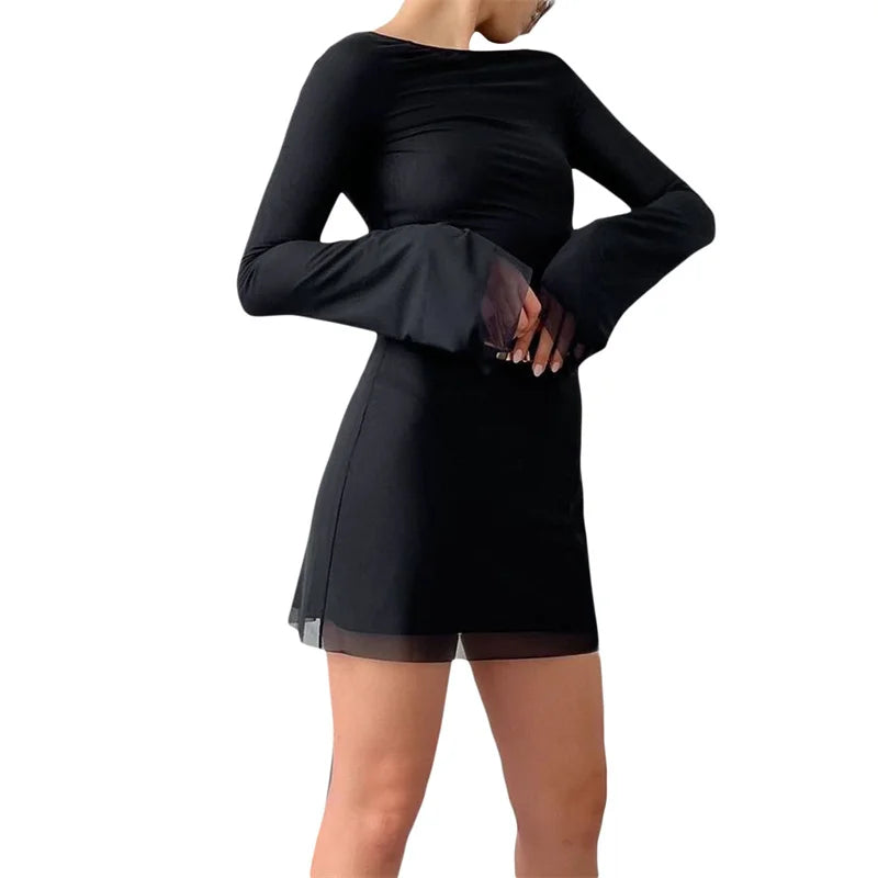 y2k Short Dress 2000s Aesthetic Women Sheer See Through Round Neck Long Sleeve Bodycon Dress Party Dresses - Image 4