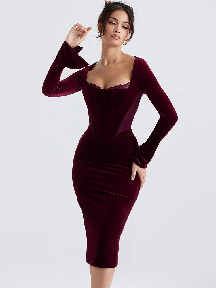 Clearance !  Celebrity Christmas Evening Party Red Midi Dress Chic and Elegant Long Sleeve Corset Clothes Fall Winter Dresses - Image 3