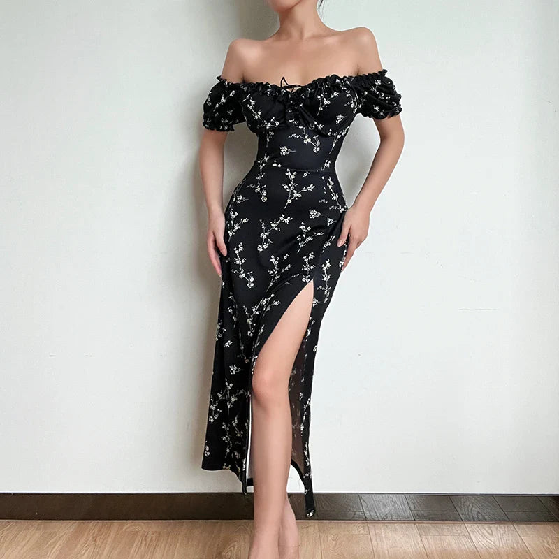 Off Shoulder Flower Print Sexy Dress For Women High Split Elegant Long Dresses Backless Bodycon Summer Dress Vestidos QY21251KJ - Image 8