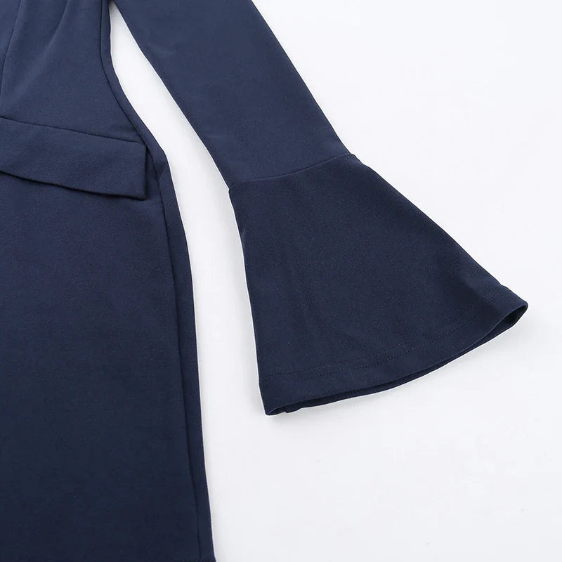 Women Elegant Dark Blue Commuting Mini Dress Autumn Sexy Pocket Long Sleeve Bodycon Dresses Lady Chic Party Club Robe - Image 5