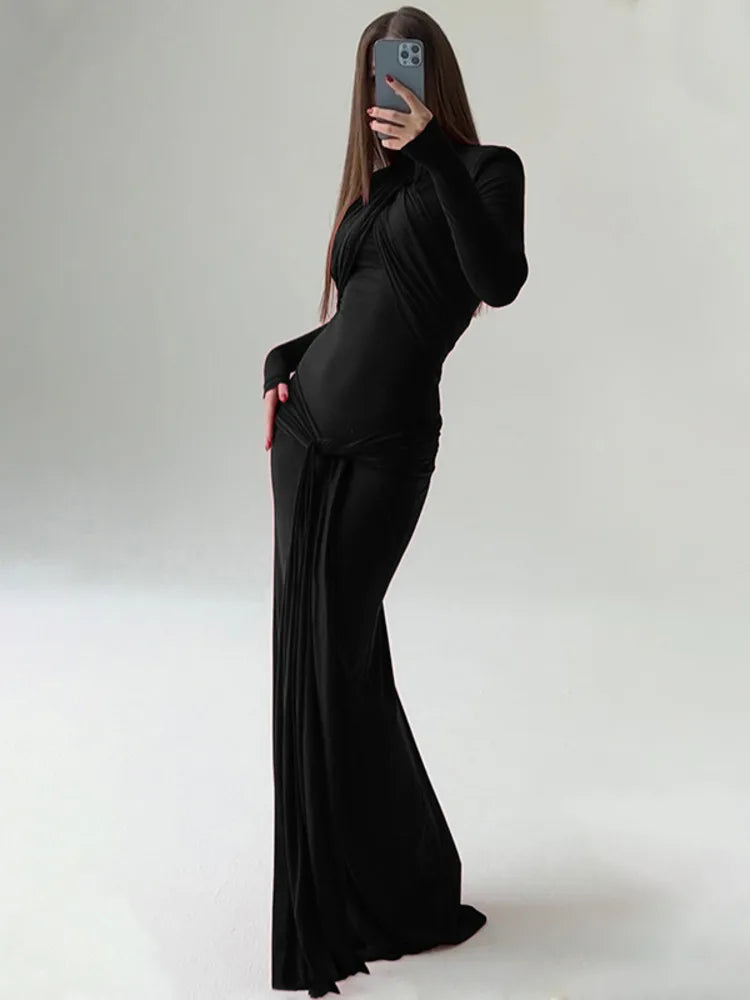 Long Sleeve BandMaxi Dress Women Halter Collar Shoulder Pad Bodycon Long Dresses Femme Elegant Sexy Evening Dress - Image 7