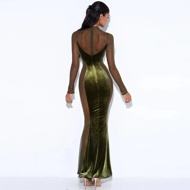 Maxi Dress Green Sexy Evening Night Date Party Dresses Mermaid SeeThrough - Image 5