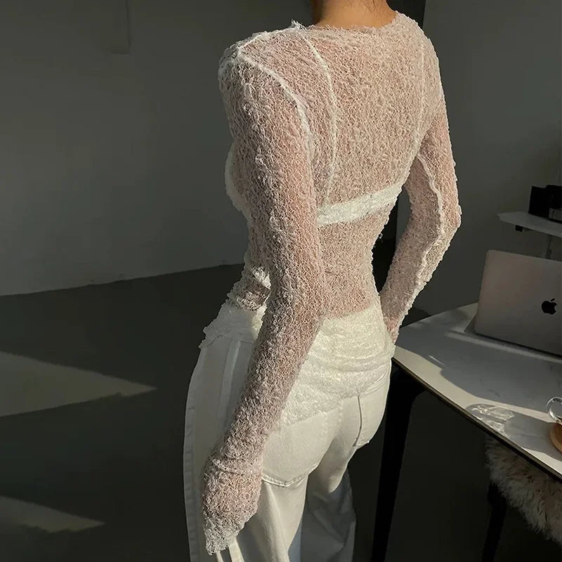 Sheer Lace Shirts For Women Black Sexy See Through Long Sleeve Slim Clothes Femme Club Retro Bodycon Shirt Ladies 2024 - Image 7
