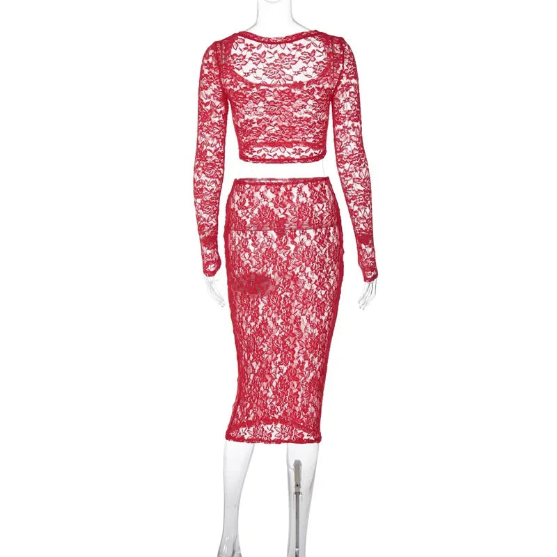 See Through Lace Sexy Party Club Dress Suits Women Summer Long Sleeve Crop Top Shirt Midi Bodycon Skirt Two Piece Matching Sets - Image 6