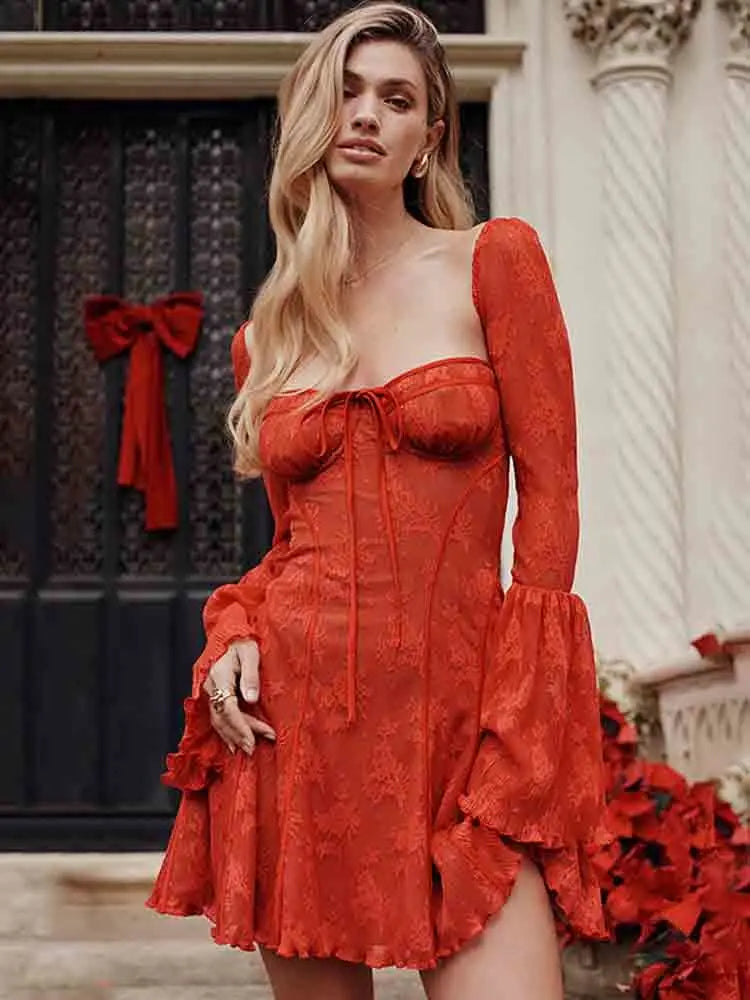 Lace Print Ruffle Bodycon Sexy Dress Women Lace Up Robes Elegant Evening Party Dress Spring Mini Dress Vestidos