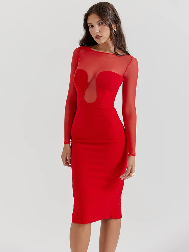 Elegant Strapless Sexy Midi Dress For Women Fashion Sheer Long Sleeve Backless Split Bodycon Club Party Sexy Long Dress - Image 3