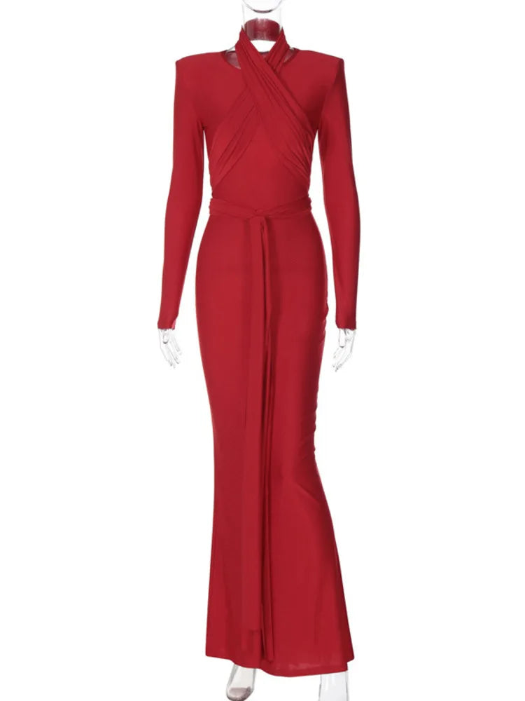 Long Sleeve BandMaxi Dress Women Halter Collar Shoulder Pad Bodycon Long Dresses Femme Elegant Sexy Evening Dress - Image 8