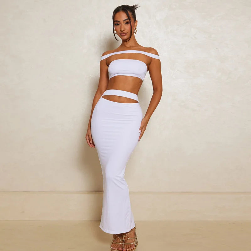 Strapless Sexy Two Piece Set Women Fashion Off-shoulder Sleeveless Crop Tops And Long Skirt Ladies Party Skirt Sets - Image 4