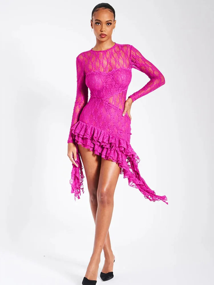 Elegant Lace Ruffle Sexy Mini Dress For Women Fashion O Neck Long Sleeve Backless Bodycon Irregular Club Party Dress