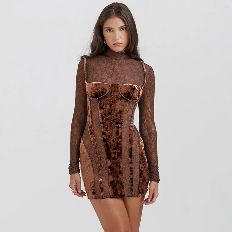 Sexy Lace Velvet Patchwork Mini Dress Women Elegant Stand Collar Long Sleeve Bodycon Dress Lady Chic See Through Party Robe