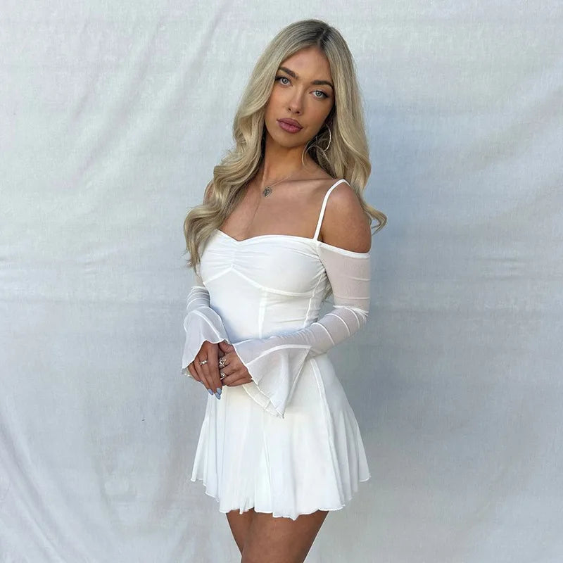TRAUXY Mesh Ruffles Splicing Suspender Mini Dress For Women Off Shoulder Long Sleeve See Through Sexy Bodycon Dress Hot Summer - Image 4