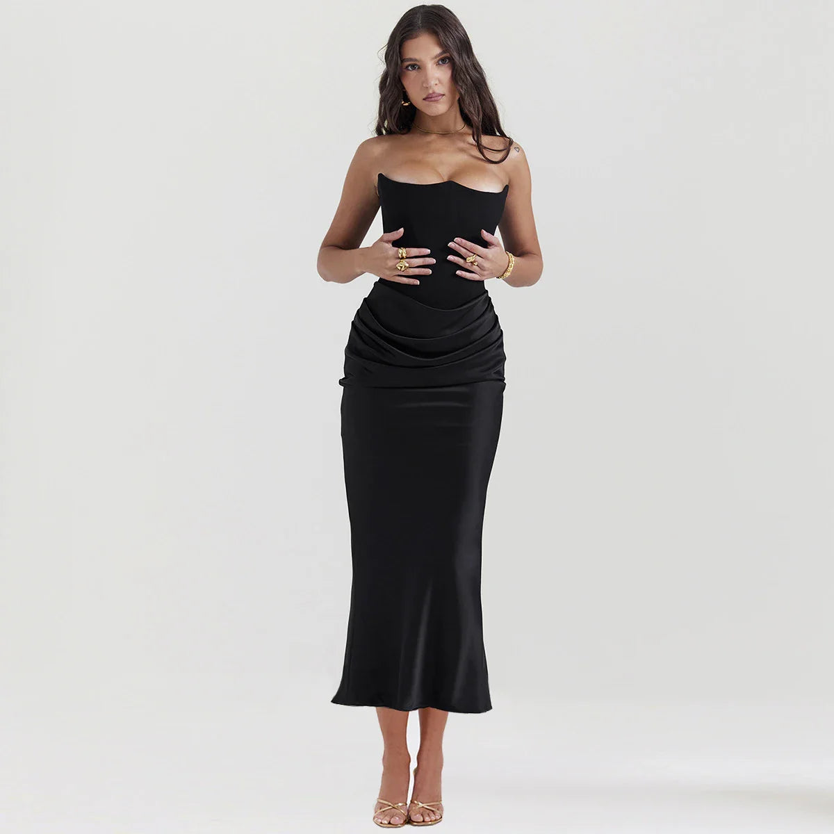 Maxi Strapless Formal Occasion Dresses Elegant Bodycon Corset  Party Dresses Sexy Velvet and Satin Patchwork Dress