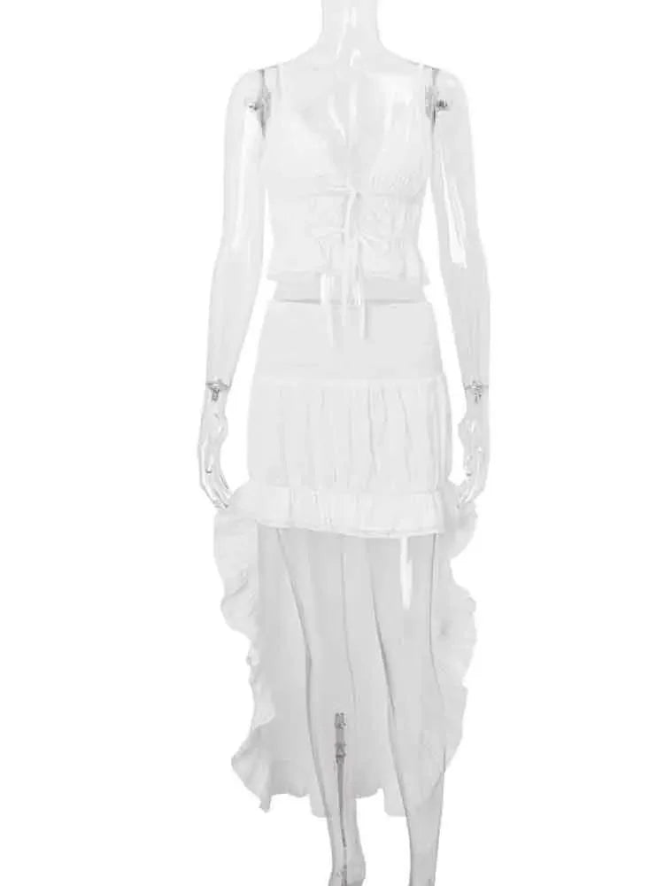 White Lace Ruffle Sexy Two Piece Set Lace Up Casual Holiday Top Midi Skirt Women Set Elegant 2 Piece Set Women - Image 5