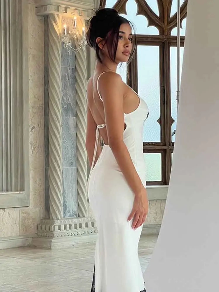 White Lace Patchwork Backless Holiday Casual Dress Women Elegant Sexy Dress Bodycon Midi Long Summer Dress Vestido - Image 4