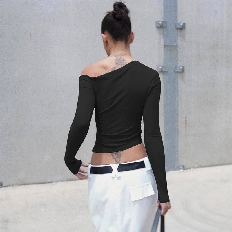 Slim Asymmetrical Tops for Women Streetwear Long Sleeve Ruched Sexy Cropped  Outfits Club - Image 3