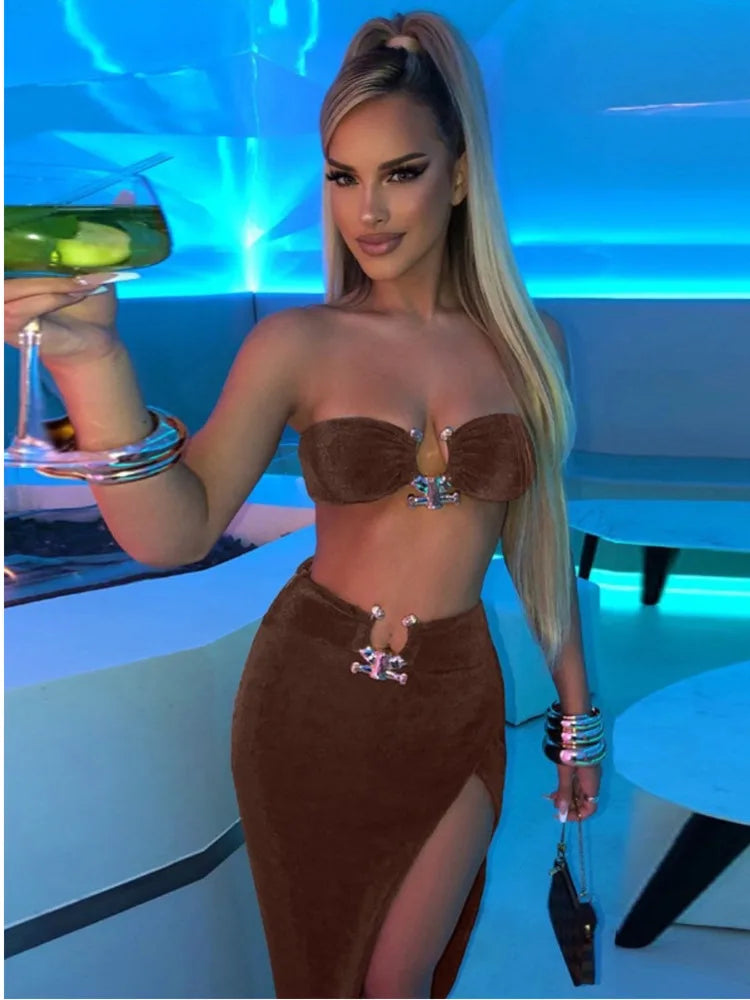 Women's Sexy Split Skirt Metal Button Bra Two Piece Strapless Mini Top Slim Elegant Half Skirt Female Set Party Clubwear - Image 7