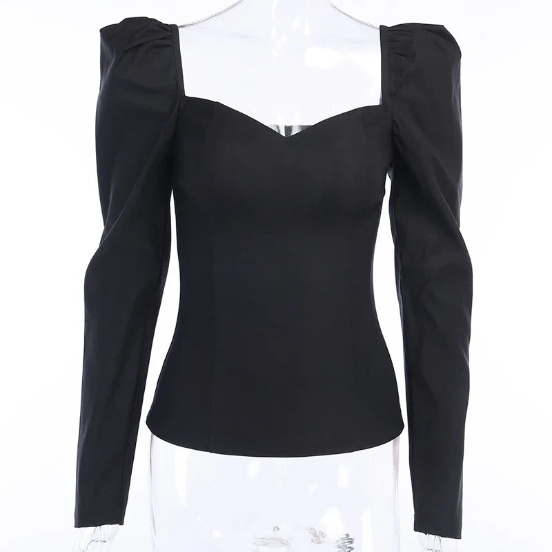 VintElegant Shirts Women Puff Sleeve Square Collar Blouses Office Lady Korean Autumn Black Chic Slim Casual All Match Tops - Image 4