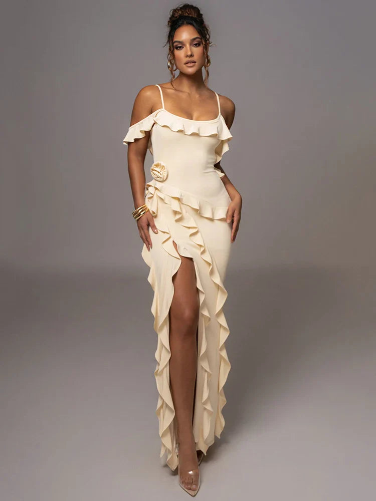 Elegant Ruffle Sexy Maxi Dress Women Spaghetti Strap Flower Sleeveless Backless High Split Club Party Evening Dress - Image 2