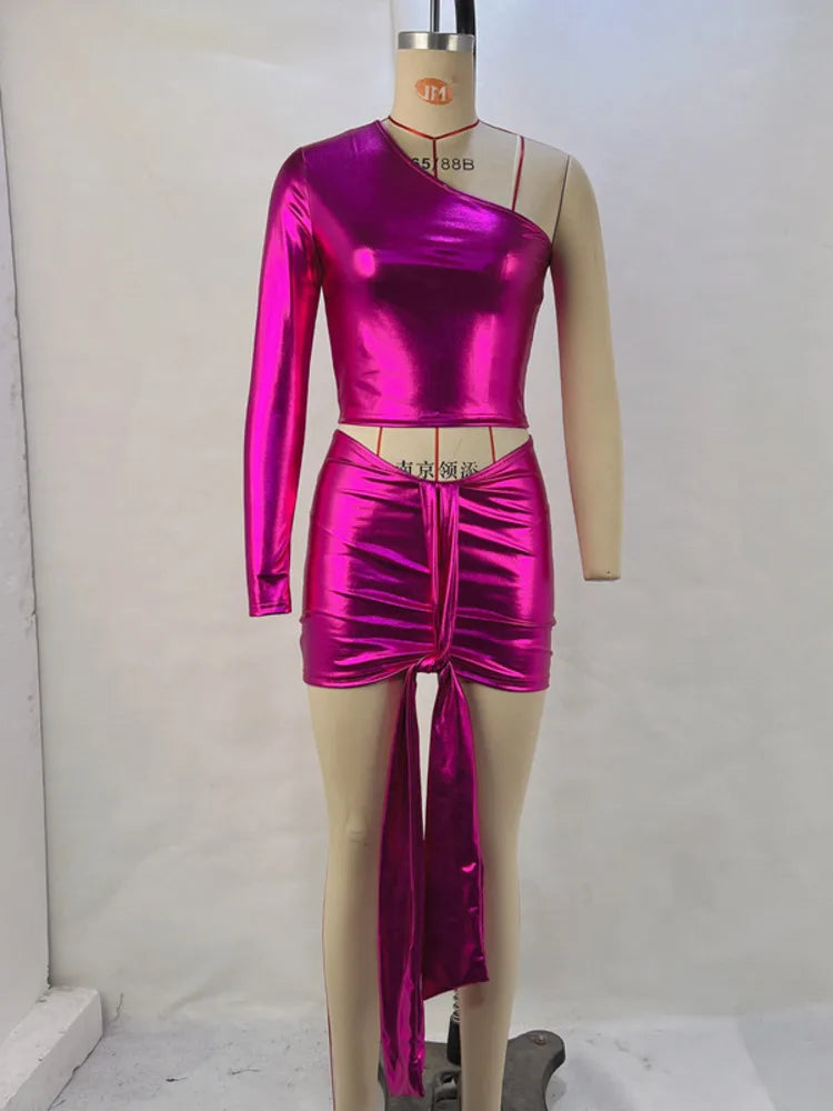 Fashion Sexy One Shoulder Set Women Top Wrap Hip Short Skirt Lace up Spicy Girls Two Piece Set Tight Party Nightclub2024 - Image 5
