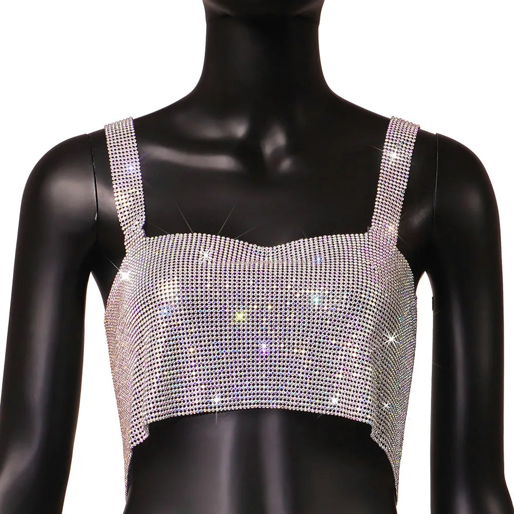 Rhinestone Sleeveless Tank Top Women Back Hollow Chain Crop Tops - Image 14