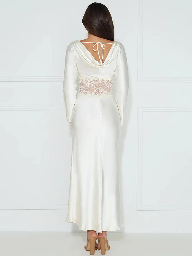Fashion long sleeve backless long dress sheer lace patchwork loose long dress femme elegant lace-up sexy dress - Image 6