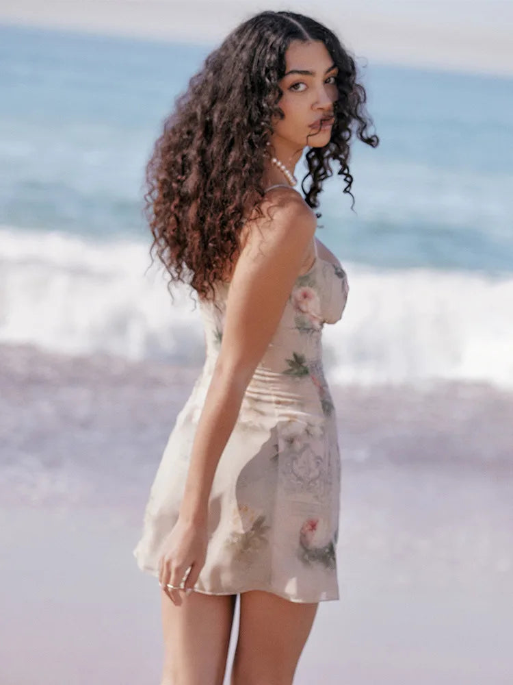 Chiffon Floral Print Mini Dress For Women Robe Summer Spaghetti Strap Backless Sleeveless Printed Party Short Dress - Image 9
